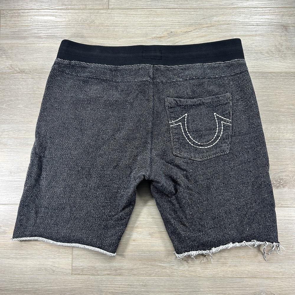True Religion Mens XL Cut-Off Sweat Shorts Black White Knit Horseshoe Logo - Picture 1 of 8